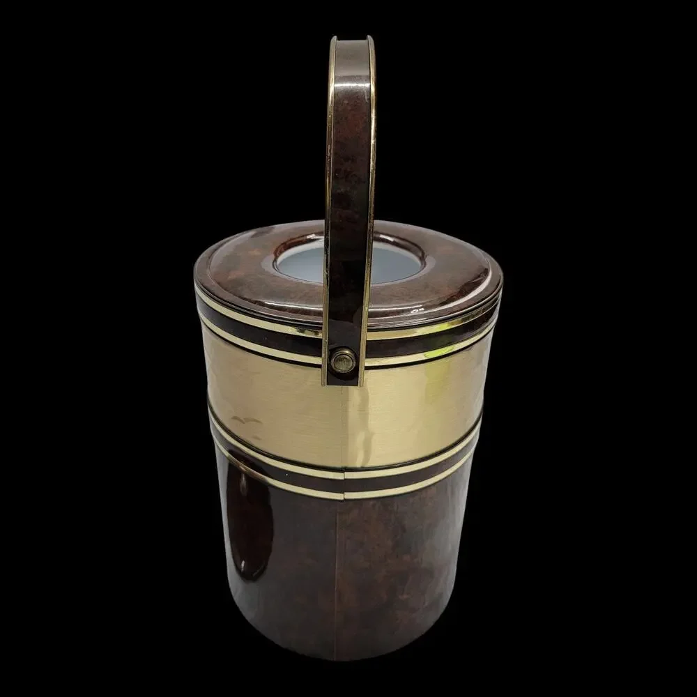 Vintage Mid Century Ice Bucket Brass Handle Faux Tortoiseshell Barware